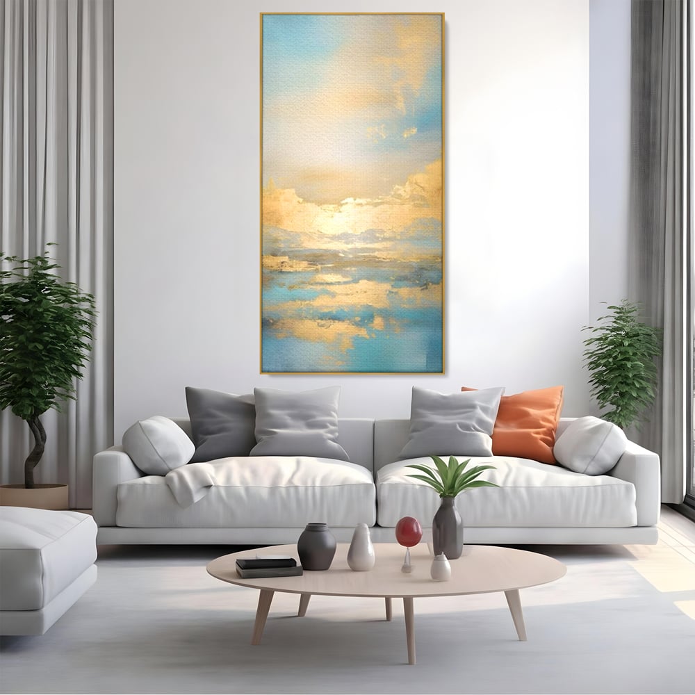 Tablou canvas cu tablou canvas cu peisaj marin abstract, in rama de aluminiu auriu, pe perete intr-un living
